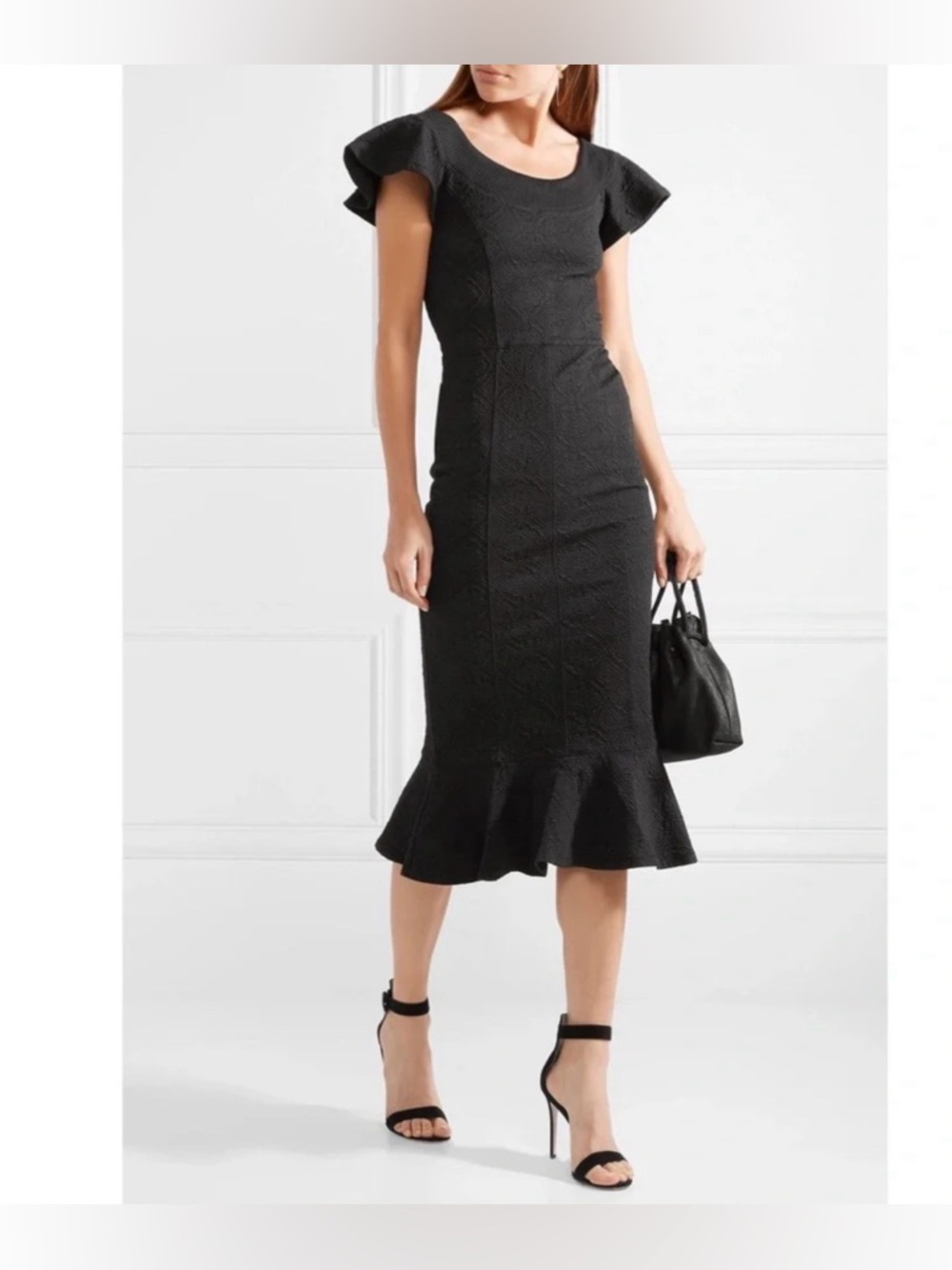 Opening Ceremony Black Jacquard Midi Dress XS Sculpted Ruffle Hem Cocktail Dress